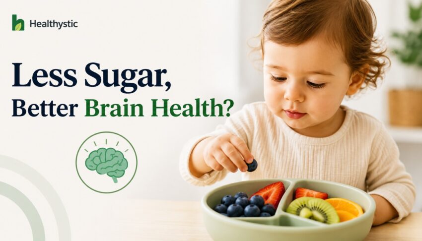 Child eating a healthy snack, illustrating research linking lower sugar intake in early childhood to better brain health later in life.