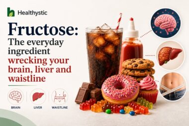 Illustration showing sugary foods and drinks with the brain, liver, and waistline, highlighting the health effects of excessive fructose intake