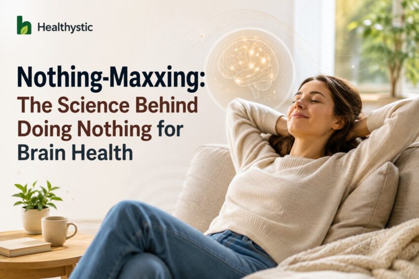 A young person sitting quietly with no phone or earbuds, practicing intentional stillness as part of the nothing-maxxing wellness trend