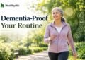 Older woman walking briskly in a park as part of a daily dementia prevention routine