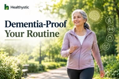 Older woman walking briskly in a park as part of a daily dementia prevention routine