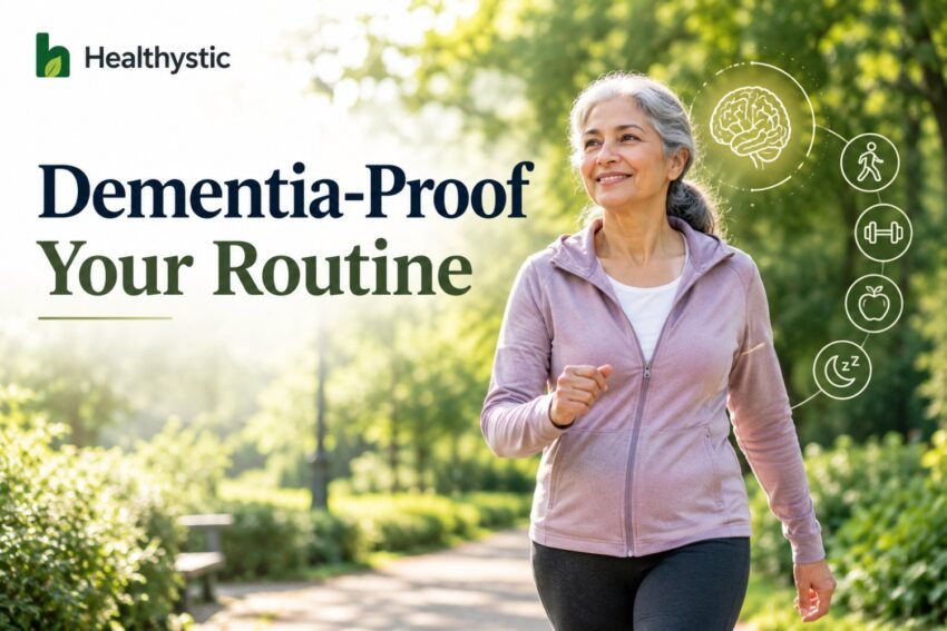 Older woman walking briskly in a park as part of a daily dementia prevention routine