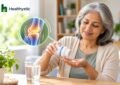 An older adult pours glucosamine supplement tablets into their hand at home