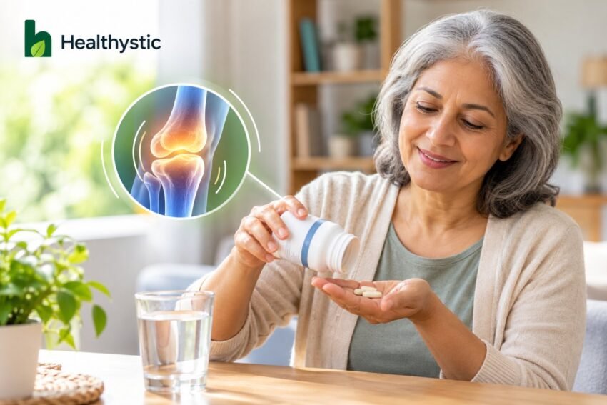 An older adult pours glucosamine supplement tablets into their hand at home