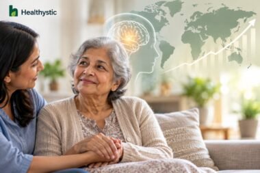 Older woman holding hands with an adult family caregiver at home